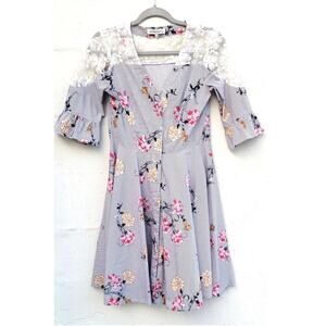 Silvian Heach Shirt Dress Striped Floral Lace‎ Embroidered Snap Up Cottagecore